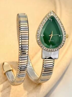 serpentine Gold & Silver Spiral Bracelet Watch with Green Teardrop Dial